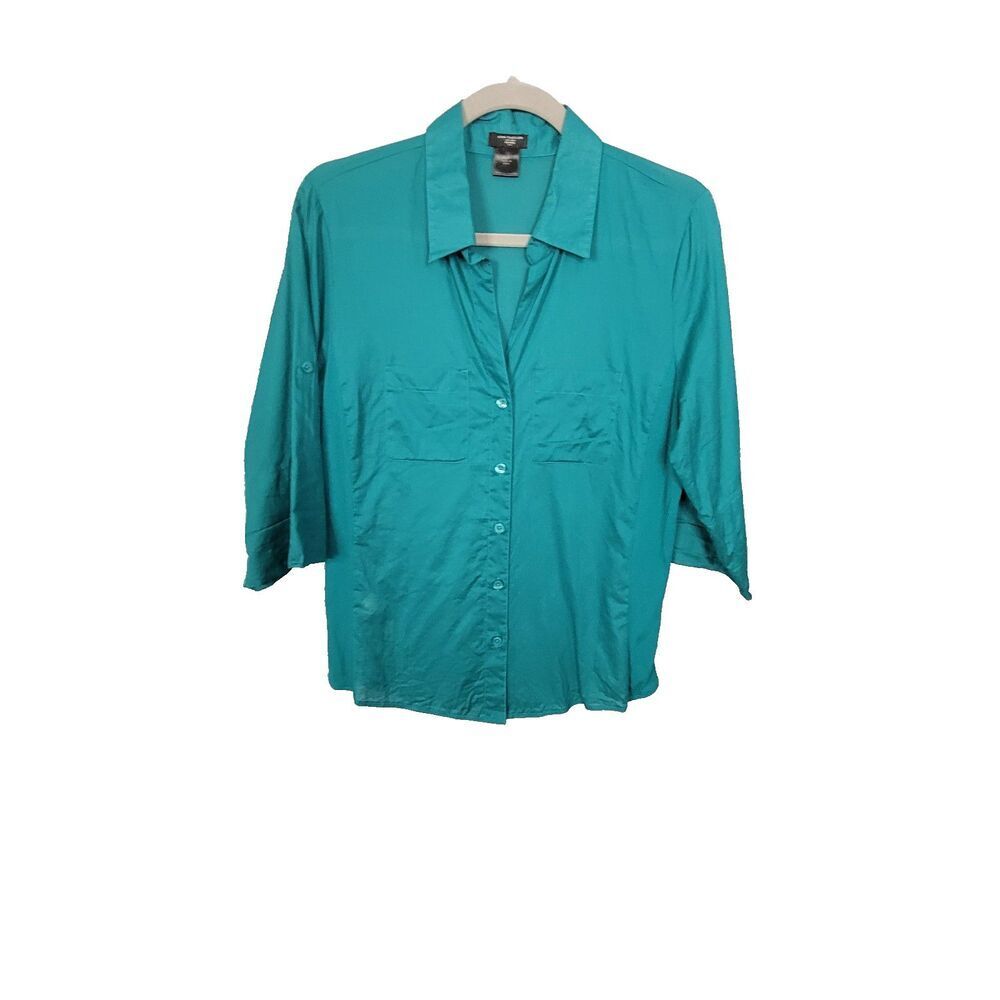 Ann Taylor Petite 10P Teal Button Down Shirt Side Ribbed Panels Roll Tab Sleeve